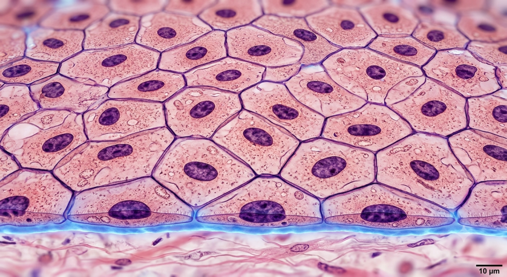Microscopic view of simple squamous epithelium cells showing flattened nuclei and basement membrane