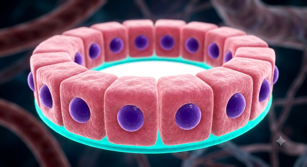 3D rendering of simple cuboidal epithelium lining a kidney tubule with central spherical nuclei