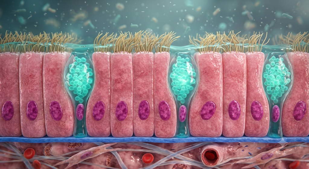 Ciliated columnar epithelium featuring tall cells, basal nuclei, and mucus-producing goblet cells