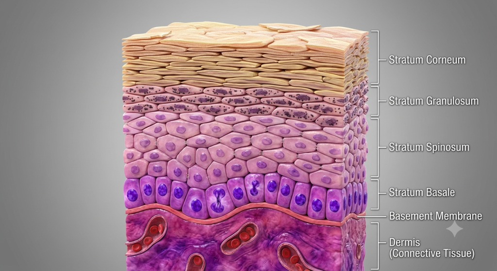 Cross-section of stratified squamous epithelium showing multiple cell layers and keratinization