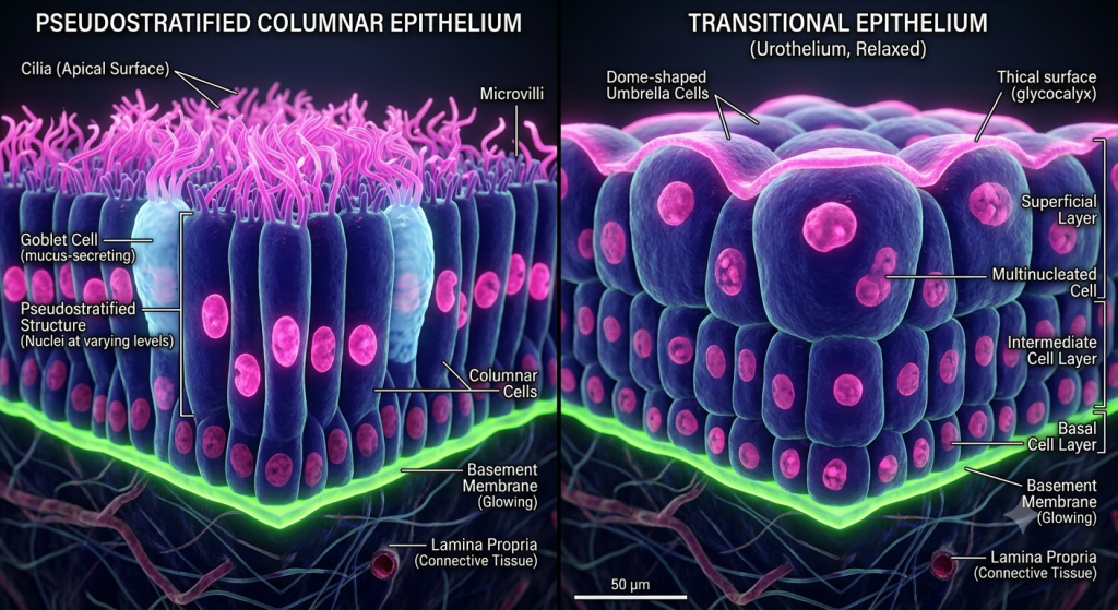 Comparison of pseudostratified ciliated epithelium and stretchy transitional epithelium