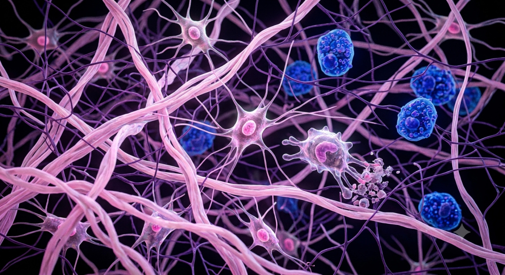 Microscopic view of loose areolar connective tissue showing collagen, elastin, and fibroblasts