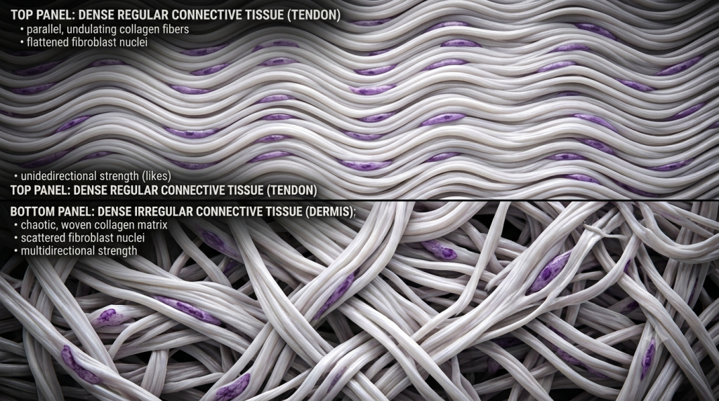 Comparison of parallel fibers in dense regular tissue and multi-directional fibers in dense irregular tissue