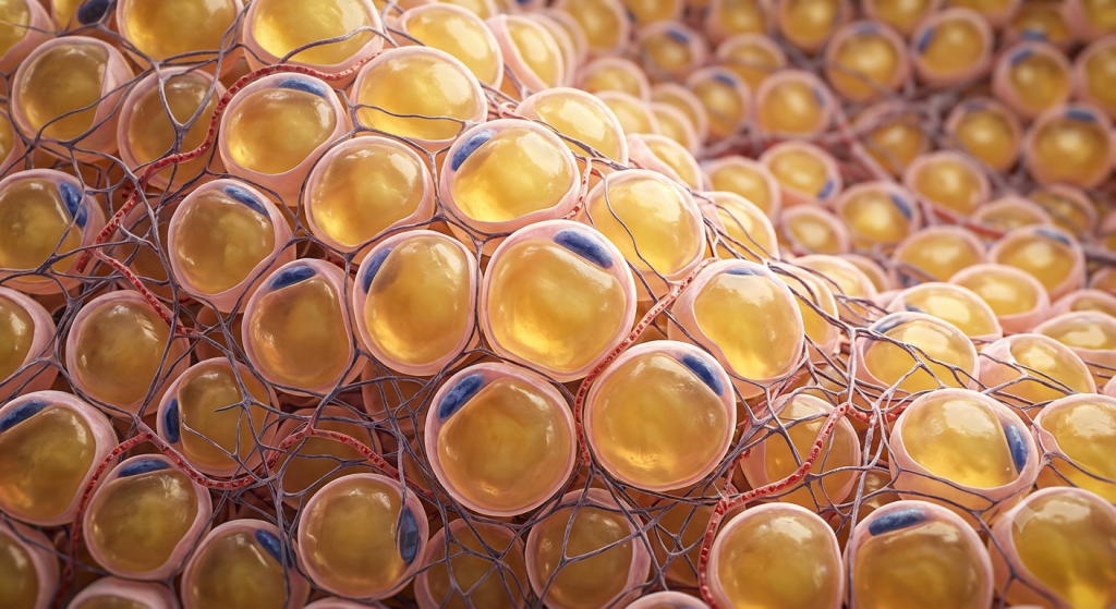 Microscopic view of tightly packed adipocytes containing large golden lipid droplets