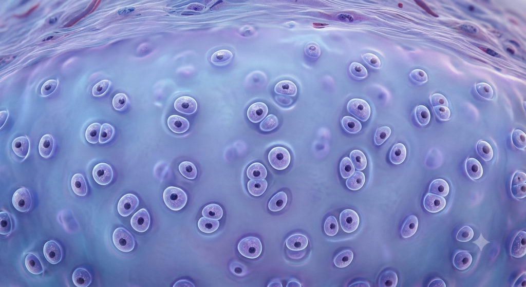 Hyaline cartilage showing chondrocytes housed within lacunae inside a glassy extracellular matrix