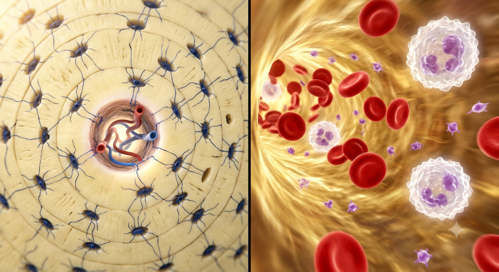 Split view showing compact bone osteons on the left and flowing blood cells in plasma on the right