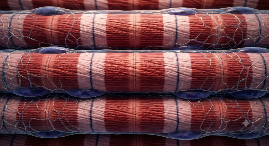 Microscopic view of long, parallel skeletal muscle fibers showing distinct striations and peripheral nuclei