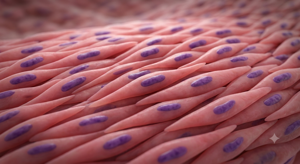 Tightly packed, spindle-shaped smooth muscle cells with single central nuclei and no striations