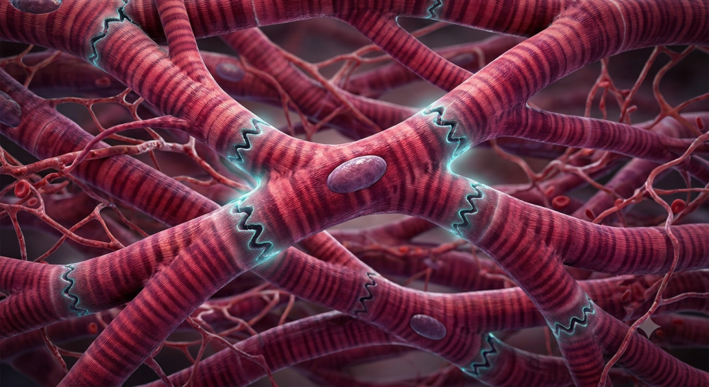 Branched cardiac muscle fibers showing striations, central nuclei, and prominent intercalated discs
