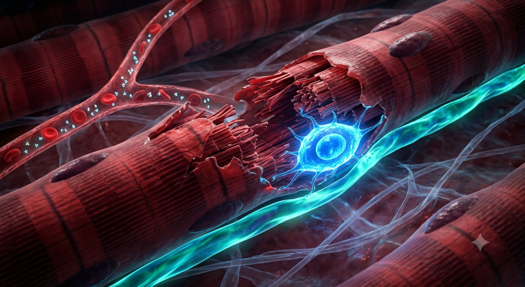 Satellite cell activating to repair a damaged, striated skeletal muscle fiber