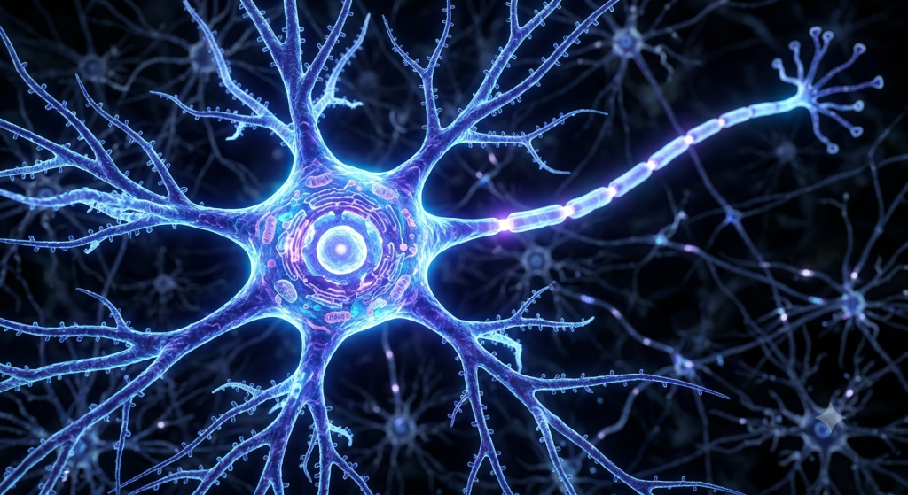 Glowing multipolar neuron showing the cell body, branched dendrites, and a long projecting axon