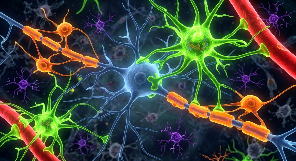 Microscopic view of astrocytes, oligodendrocytes, and microglia supporting a central neuron