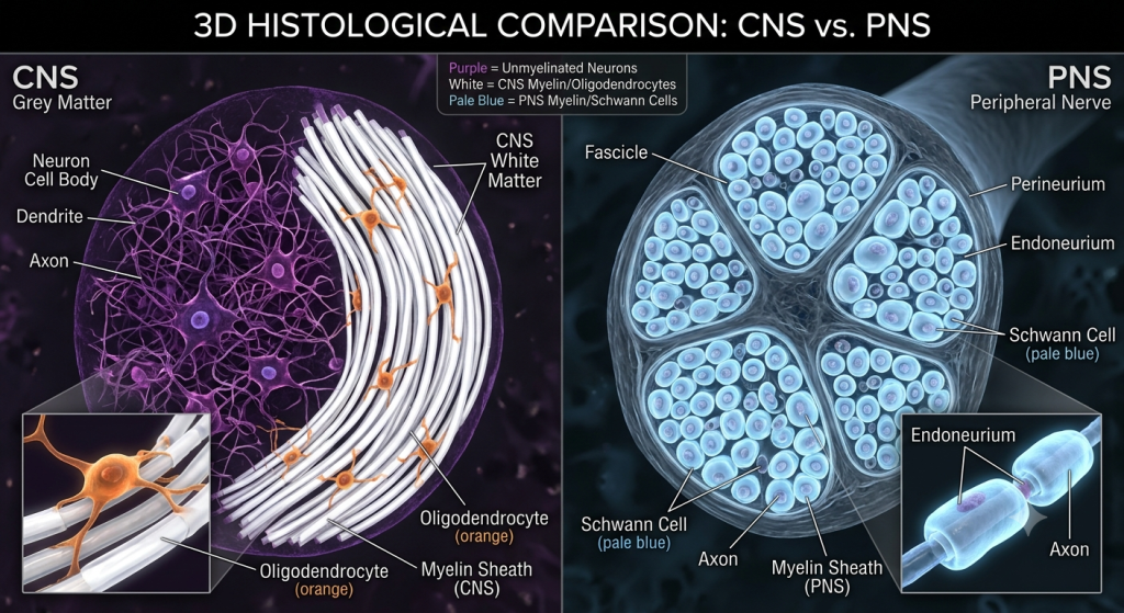 Split view comparing the grey/white matter of the CNS with the fascicle structure of a peripheral nerve
