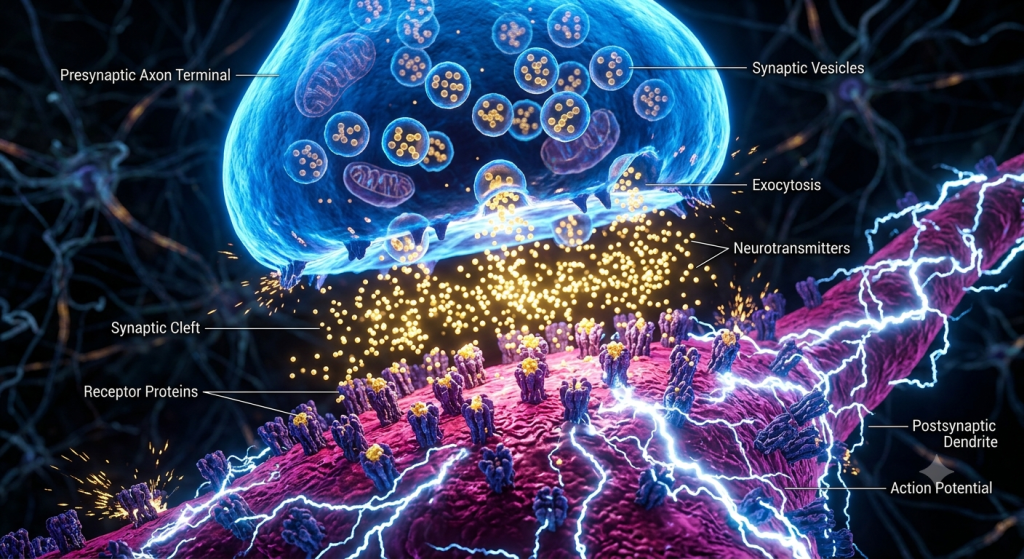 Neurotransmitters crossing the synaptic cleft and binding to receptors on the postsynaptic neuron