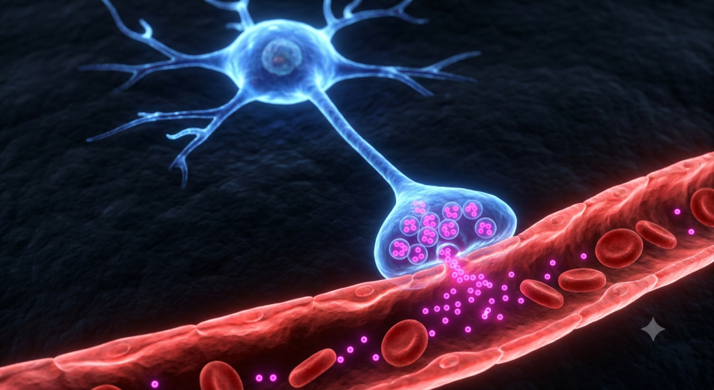 Neurosecretory neuron releasing hormones directly into an adjacent blood capillary