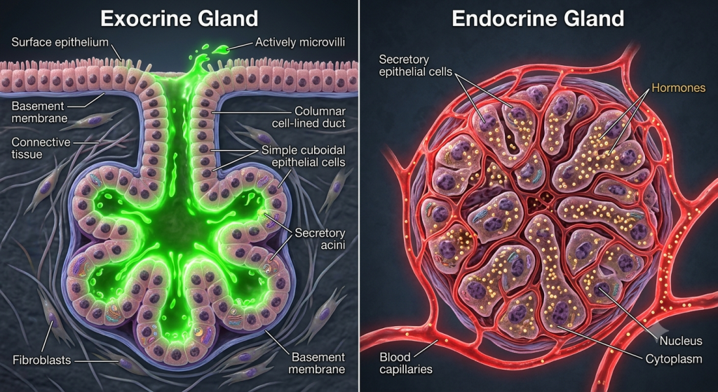 Comparison of a ducted exocrine gland and a ductless endocrine gland surrounded by capillaries