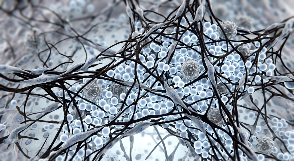 Dark, branching reticular fibers forming a network that supports bright spherical lymphocytes