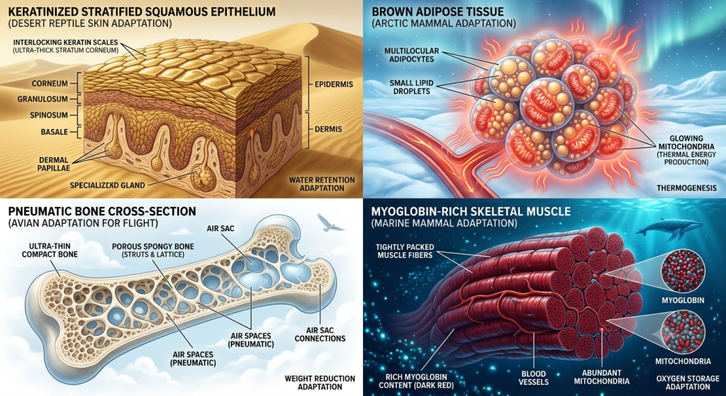 Four quadrants showing thick keratinized epithelium, brown fat, hollow bird bone, and dense marine muscle