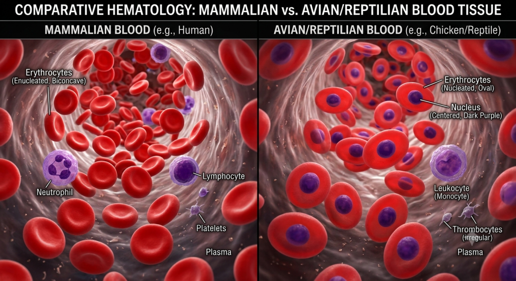 Comparison of enucleated mammalian red blood cells and nucleated avian/reptilian red blood cells