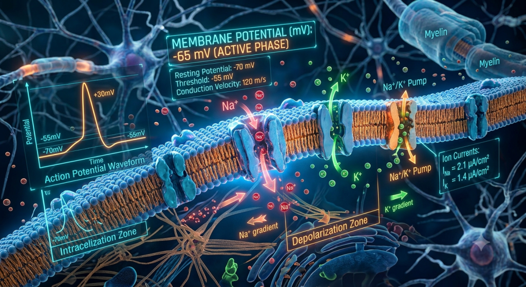 Neuron axon membrane overlaid with holographic readouts of scientific constants like -70 mV