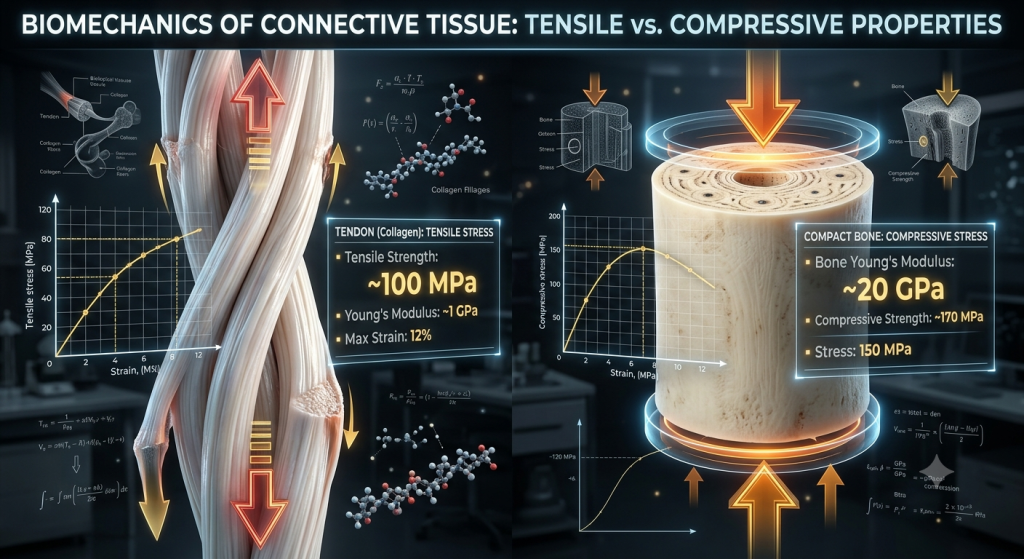 Collagen fibers and bone subjected to mechanical stress, overlaid with biomechanical constants