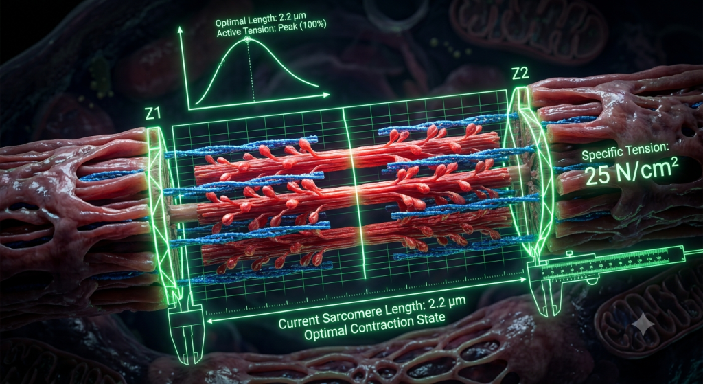 A muscle sarcomere overlaid with measurement grids and constants like optimal length and specific tension