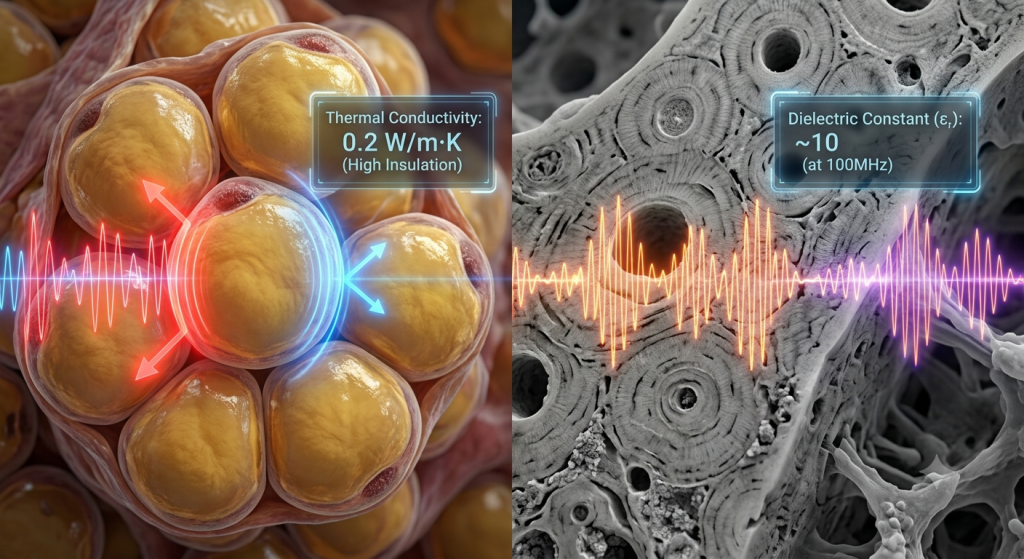 Fat cells and bone tissue overlaid with thermal conductivity and dielectric constant data
