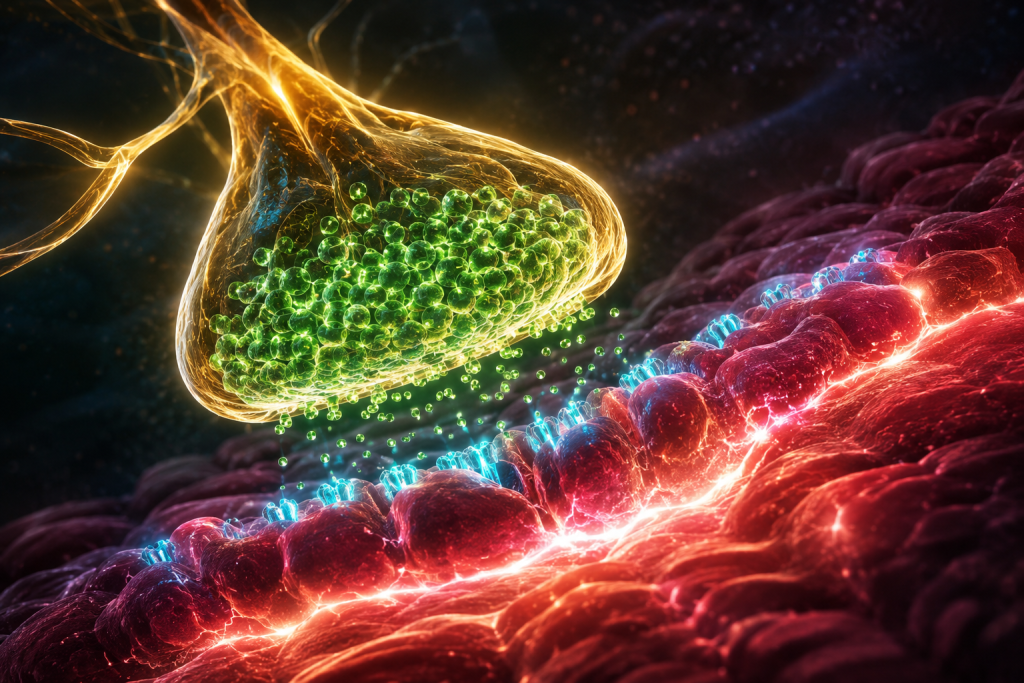 Glowing motor neuron axon terminal releasing neurotransmitters onto a folded skeletal muscle fiber